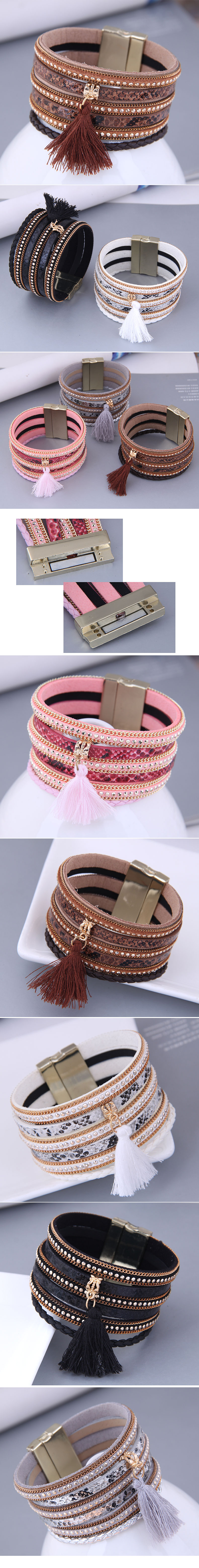 fashion metal simple tassel leather wide magnetic buckle temperament bracelet