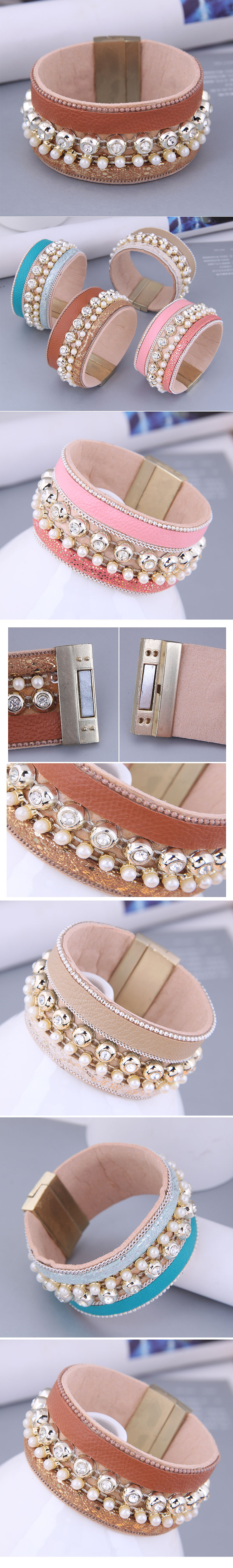 fashion versatile rhinestone pearl leather temperament wide magnetic buckle bracelet