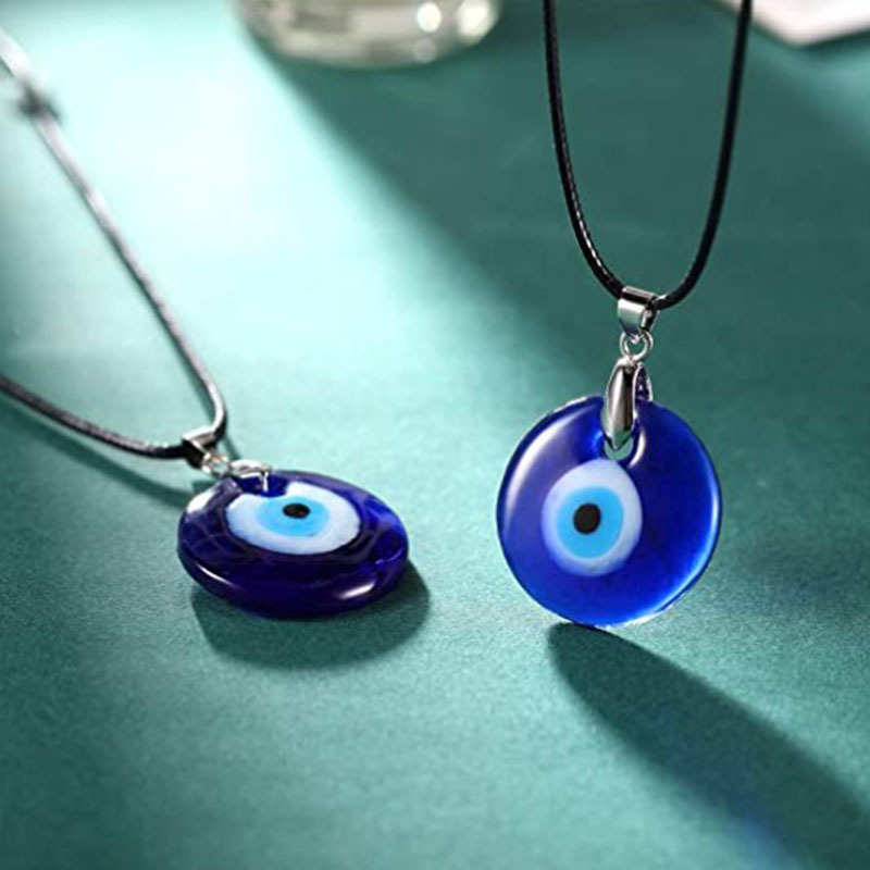 blue Turkish Devils Eye Glass Pendant Handwoven Bracelet Blue Glass Sweater Chainpicture8