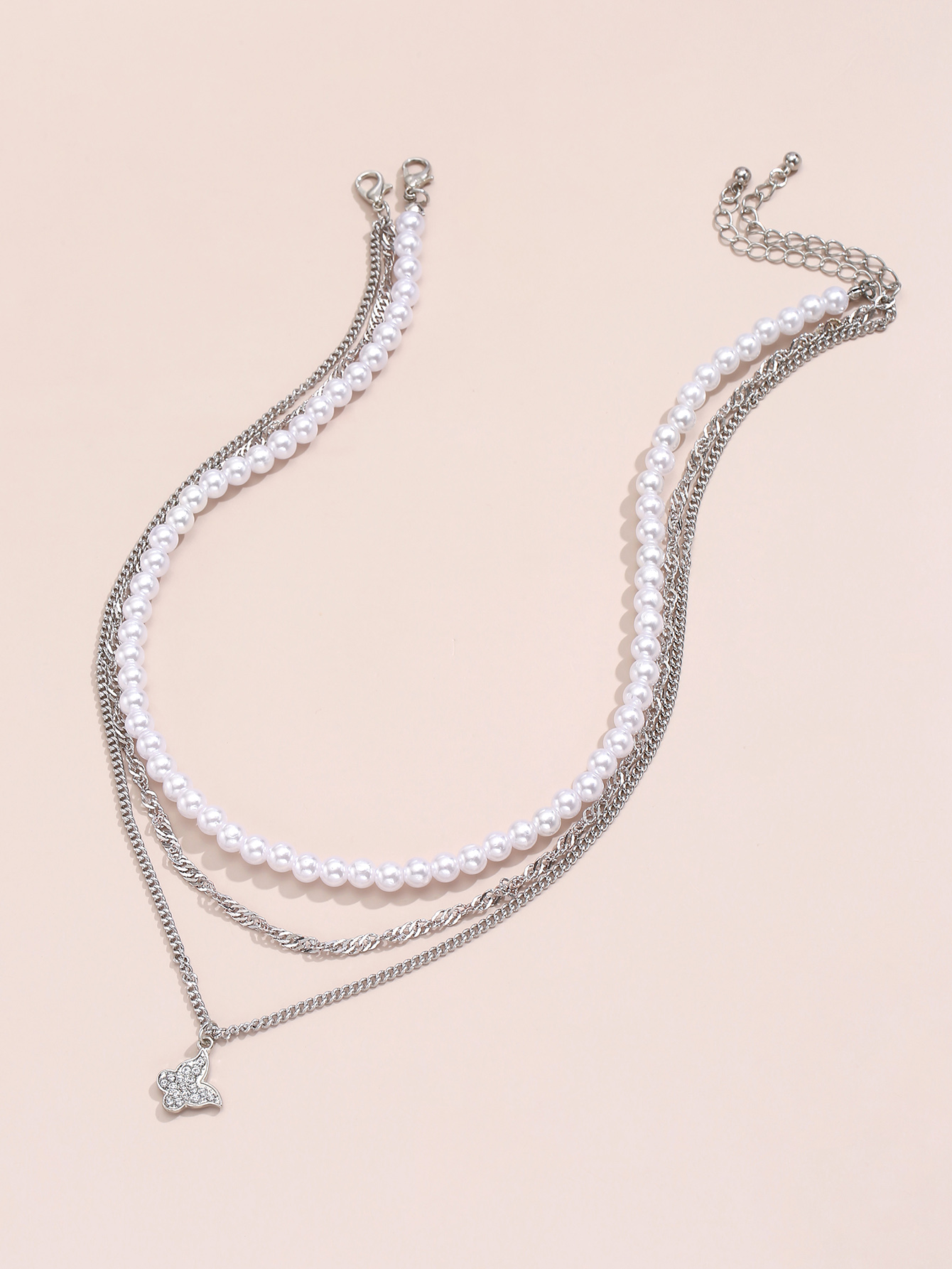 European and American fashion imitation pearl zircon butterfly pendant multilayer necklacepicture1