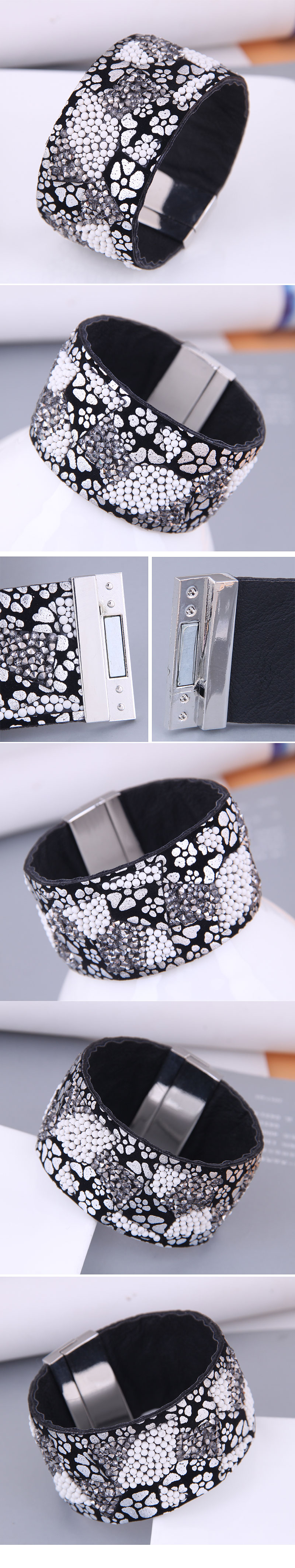 retro fashion concise flashing diamond leather wide magnetic buckle braceletpicture1