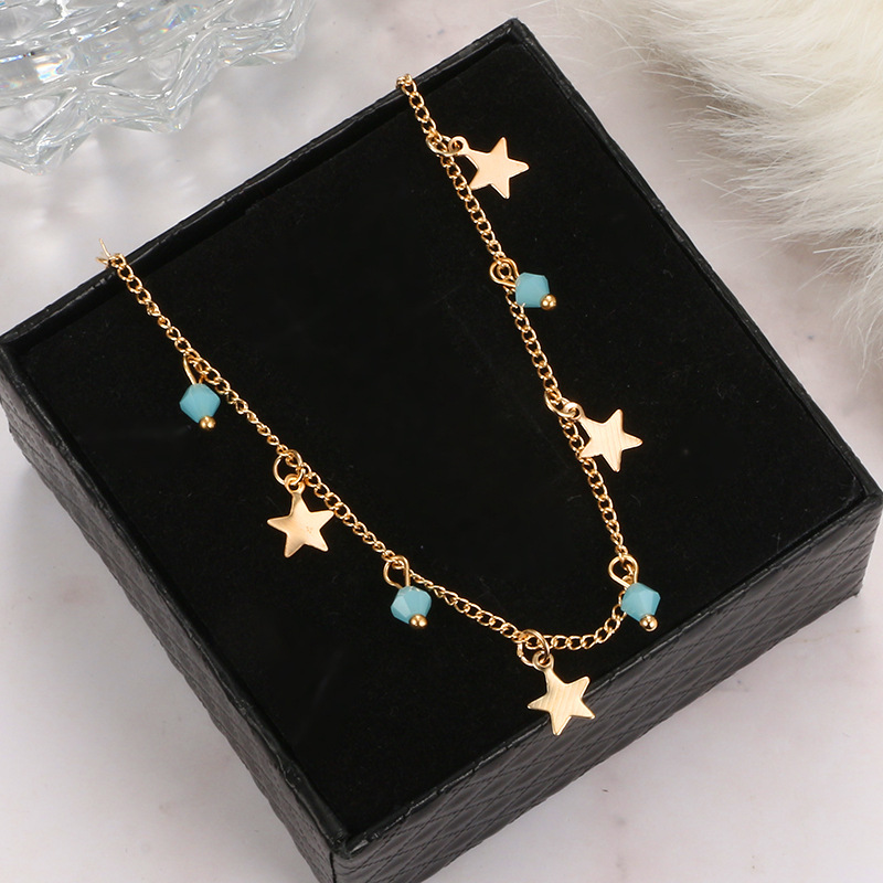 European and American fashion fivepointed star aqua blue beads tassel ankletpicture4