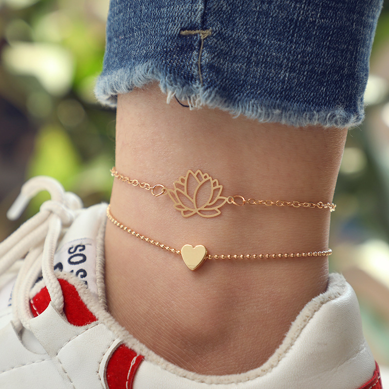 2021 new jewelry fashion geometric peach heart hollow lotus flower bracelet ankletpicture10