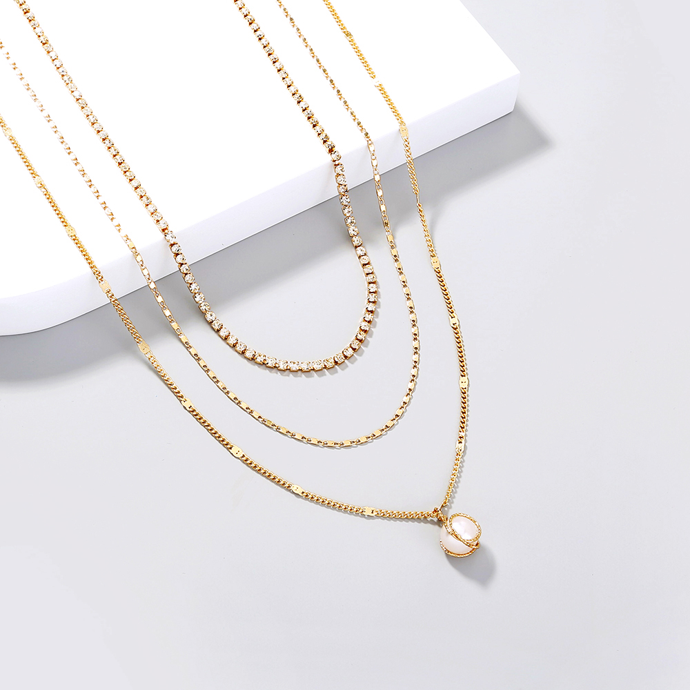 Fashion simple style multi-layered diamond pearl pendent necklaces