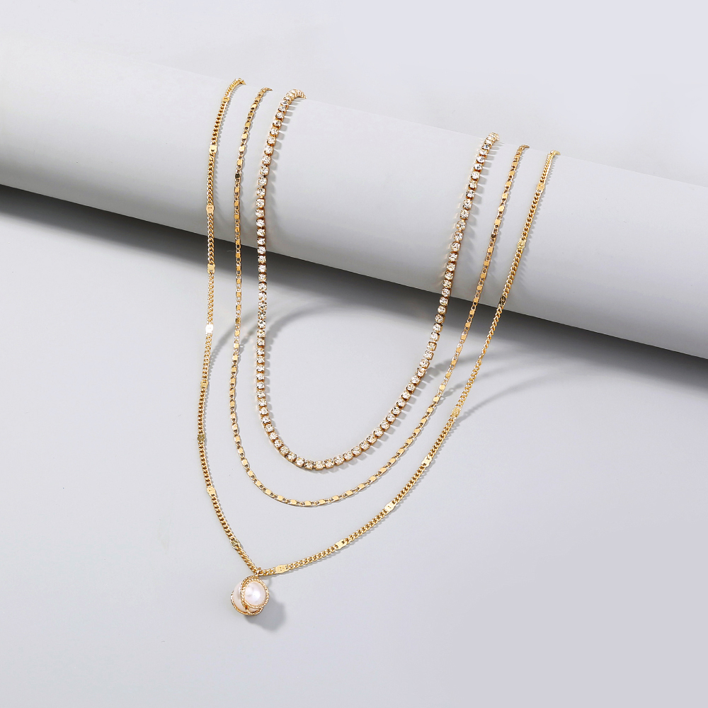 Fashion simple style multi-layered diamond pearl pendent necklaces