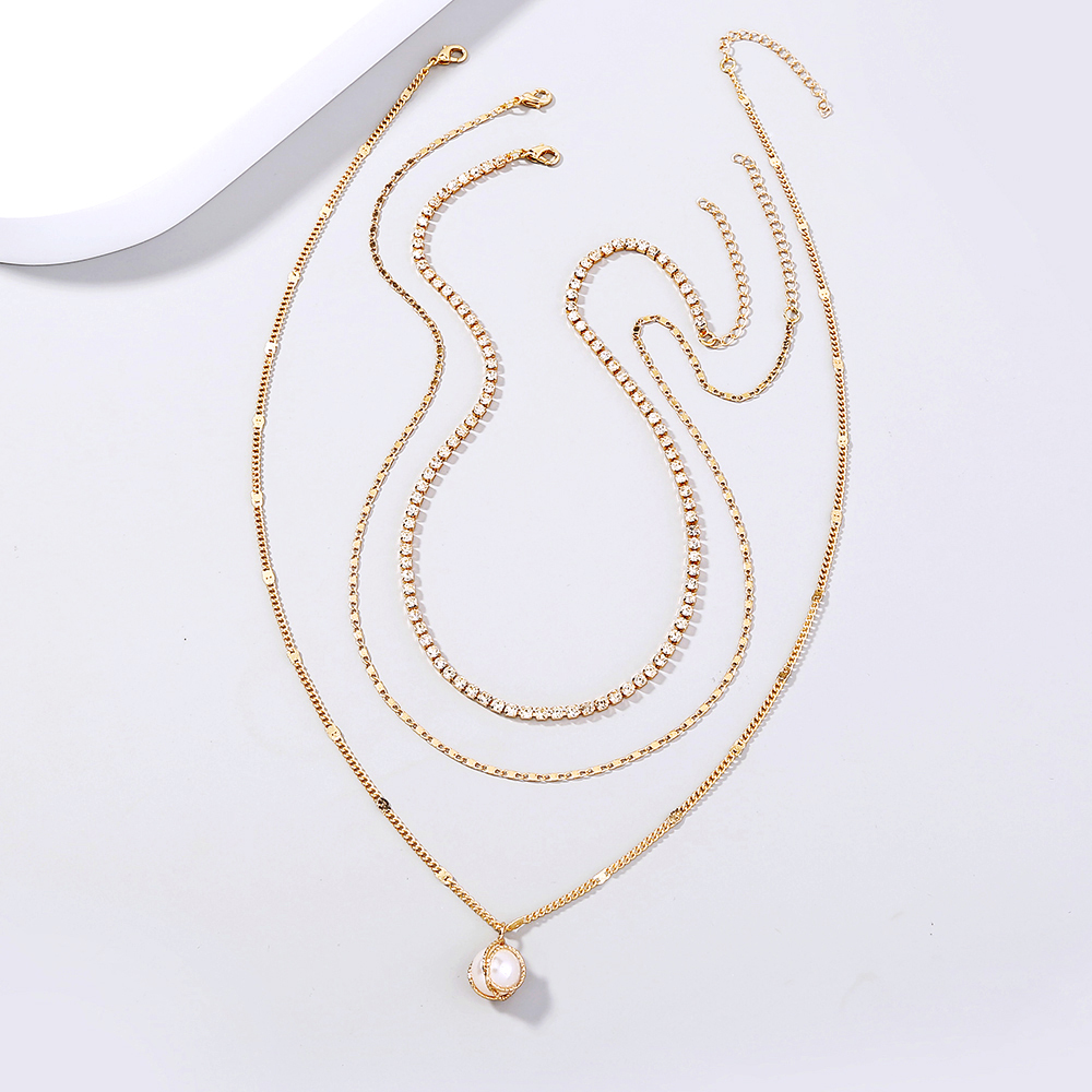 Fashion simple style multi-layered diamond pearl pendent necklaces