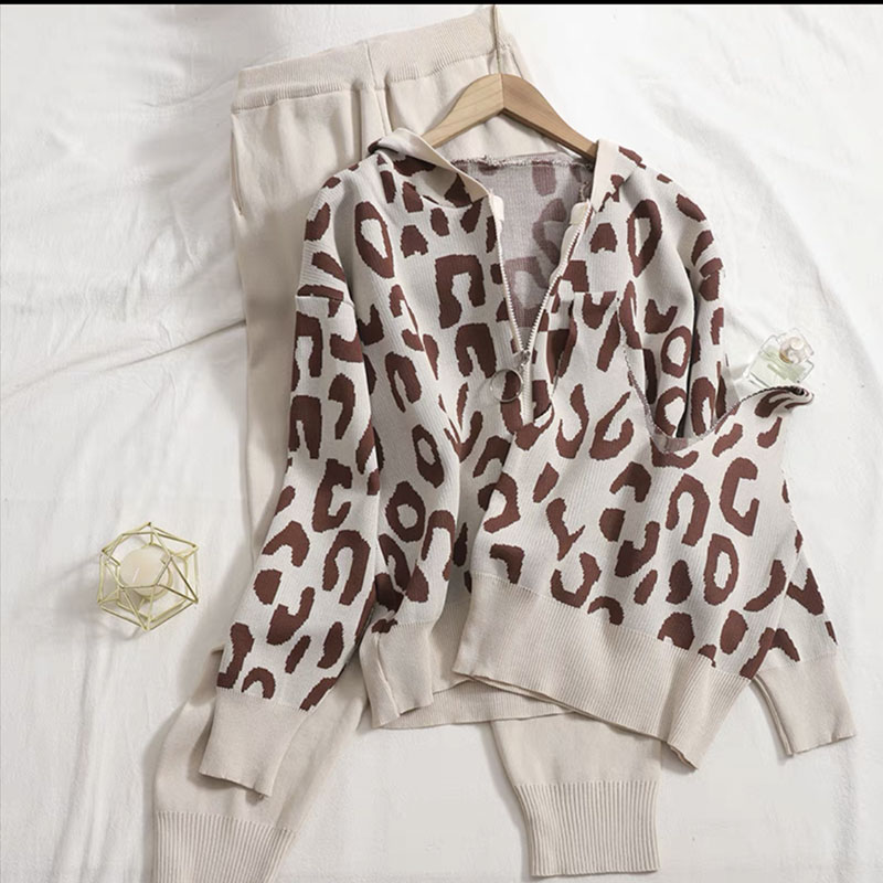 gilet d39automne et d39hiver cardigan  capuche couleur contrastante imprim lopard trois pices tricot femmespicture2
