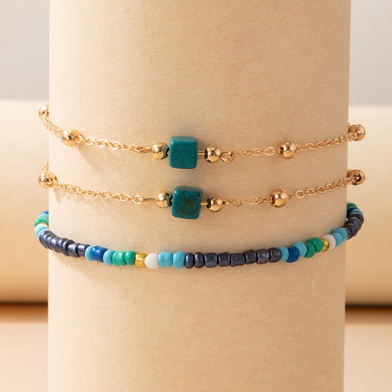 Bracelet de cheville multicouche en perles de riz de couleur  trois couches gomtriques  petites chanes d39orpicture2
