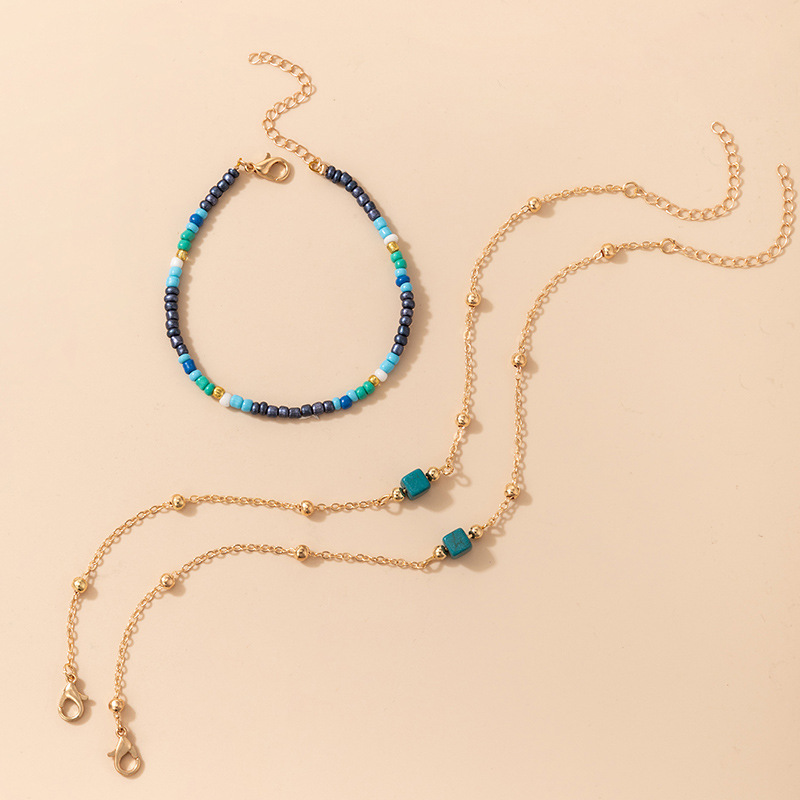 Bracelet de cheville multicouche en perles de riz de couleur  trois couches gomtriques  petites chanes d39orpicture4