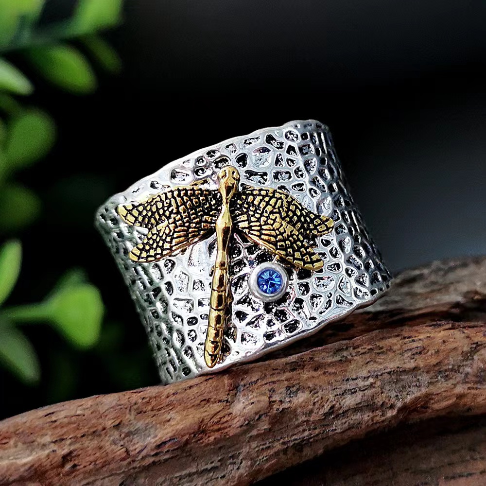 Retro Dragonfly Ring Golden Dragonfly Rhinestone Ring