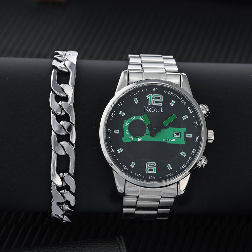 Mens Set Watch and Bracelet Fashion Round Pointer Stainless Steel Calendar Quartz Watchpicture1