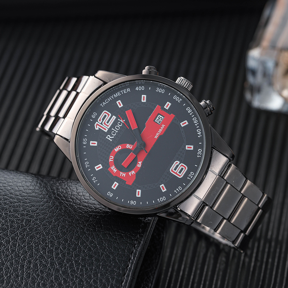 Mens Set Watch and Bracelet Fashion Round Pointer Stainless Steel Calendar Quartz Watchpicture3