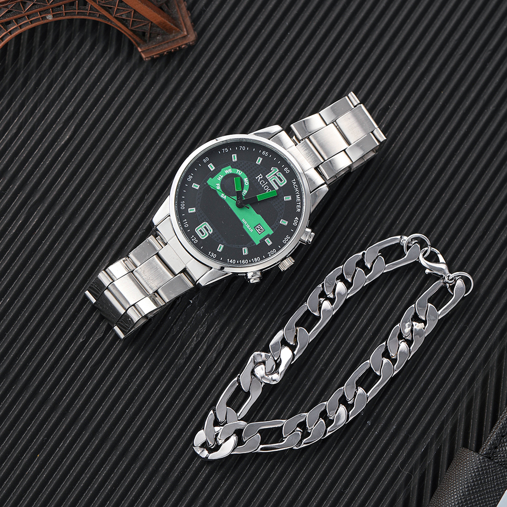 Mens Set Watch and Bracelet Fashion Round Pointer Stainless Steel Calendar Quartz Watchpicture8