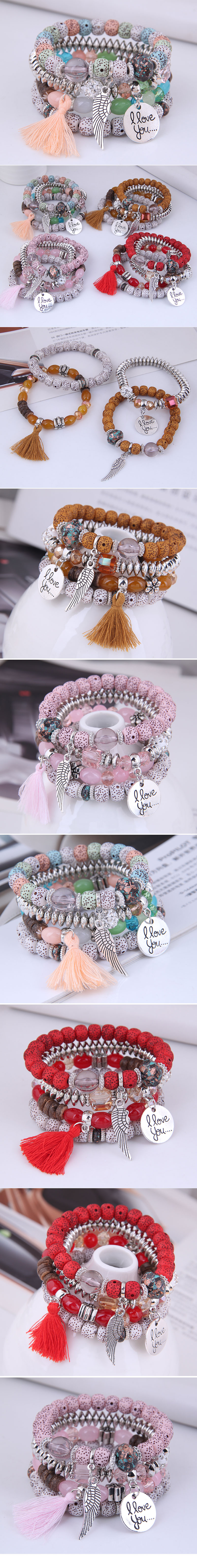 fashion disc heart wings tassels beads multi-layered bracelet wholesale