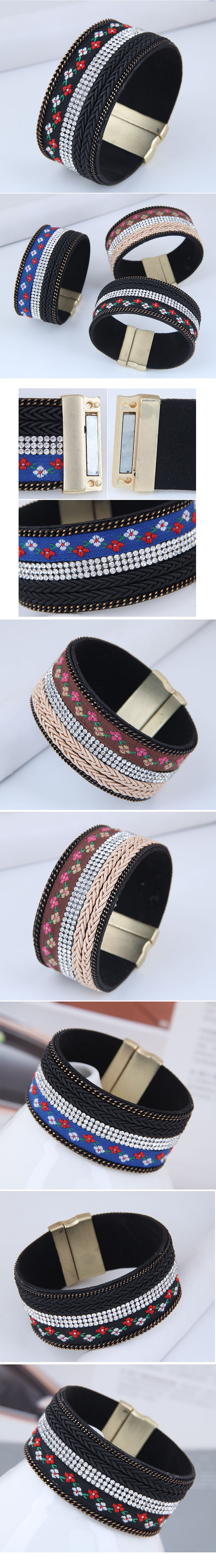 simple flashing diamond printed fabric wide magnetic buckle bracelet wholesale