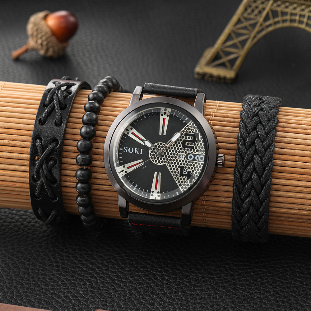 ensemble de bracelet de montre  quartz de calendrier de pointeur rond d39homme de femme de couplepicture2