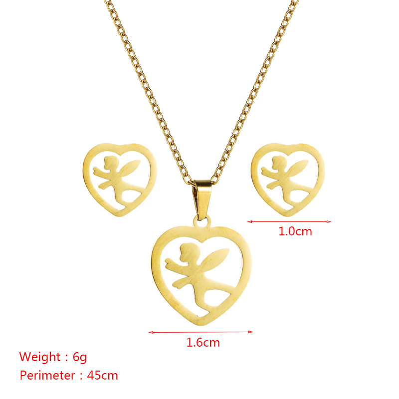 Titanium steel jewelry fashion stainless steel hollow heartshaped angel flower necklace earrings set ins wild clavicle chainpicture1