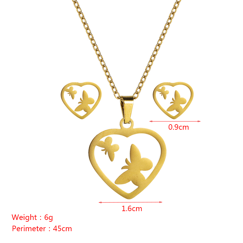 fashion stainless steel hollow heartshaped butterfly four leaf clover necklace earrings setpicture1