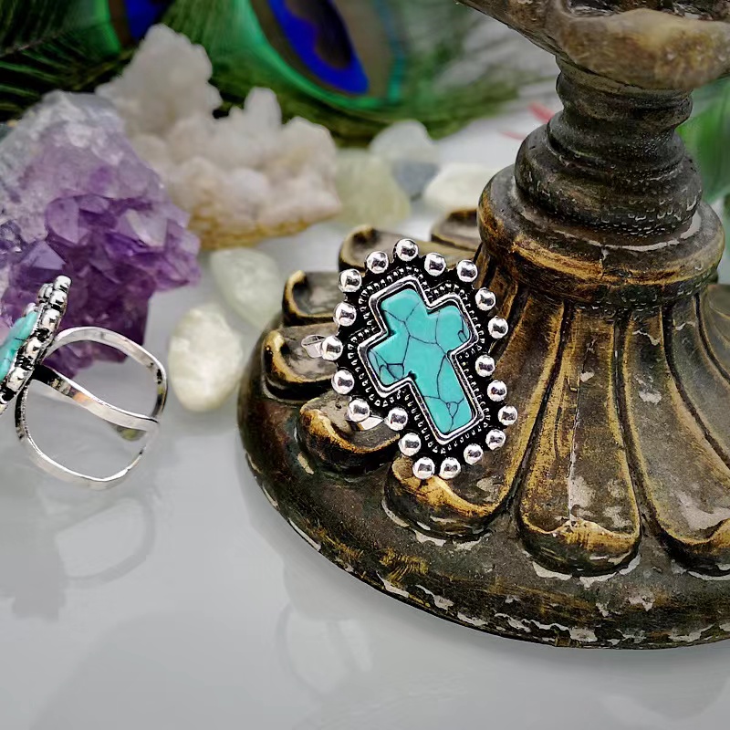 European and American cross turquoise ring retro ring