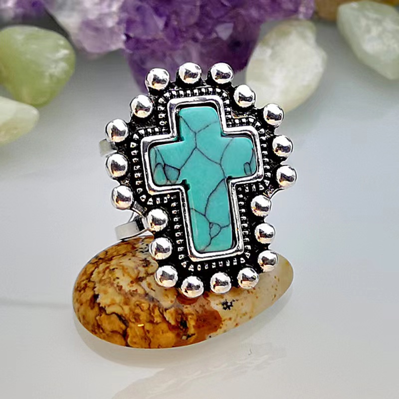 European and American cross turquoise ring retro ring