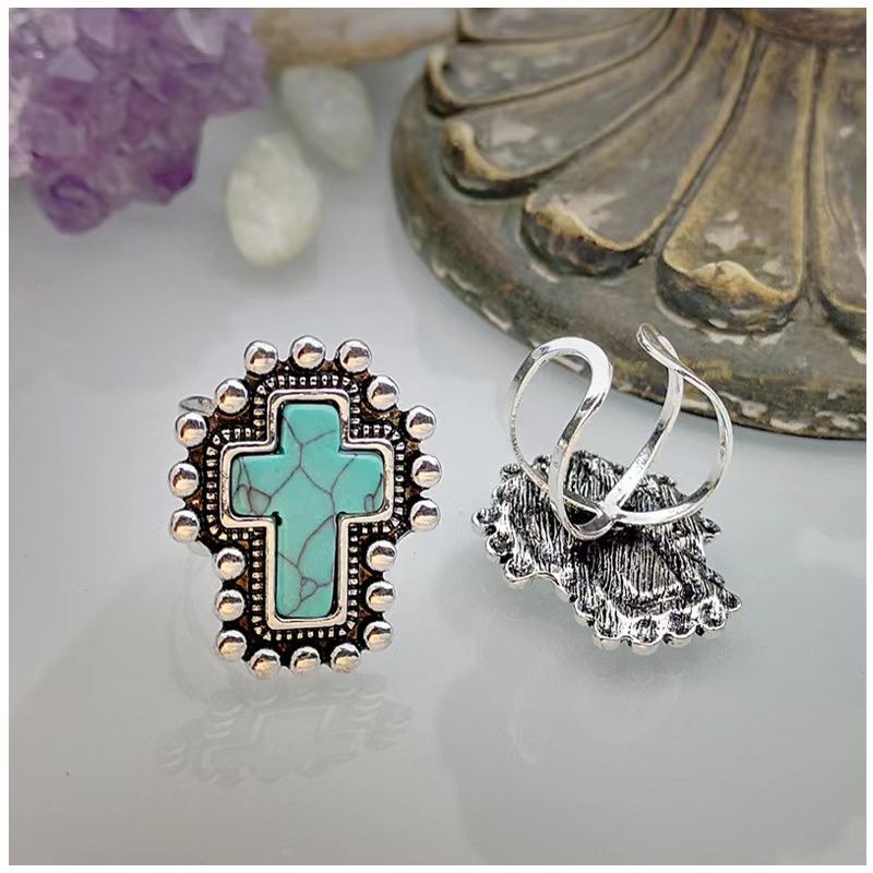 European and American cross turquoise ring retro ring