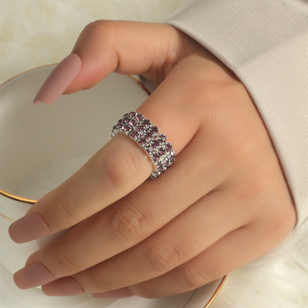 Colorful purple romantic rhinestone alloy elastic ring