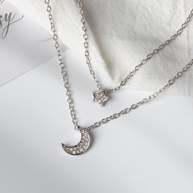 Full diamond star moon clavicle chain necklace