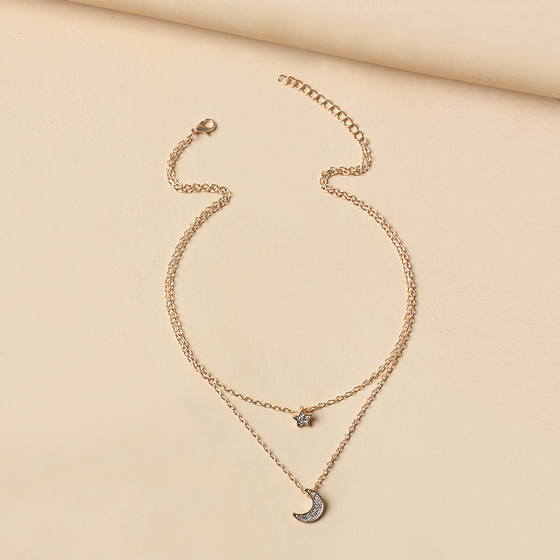 Full diamond star moon clavicle chain necklace