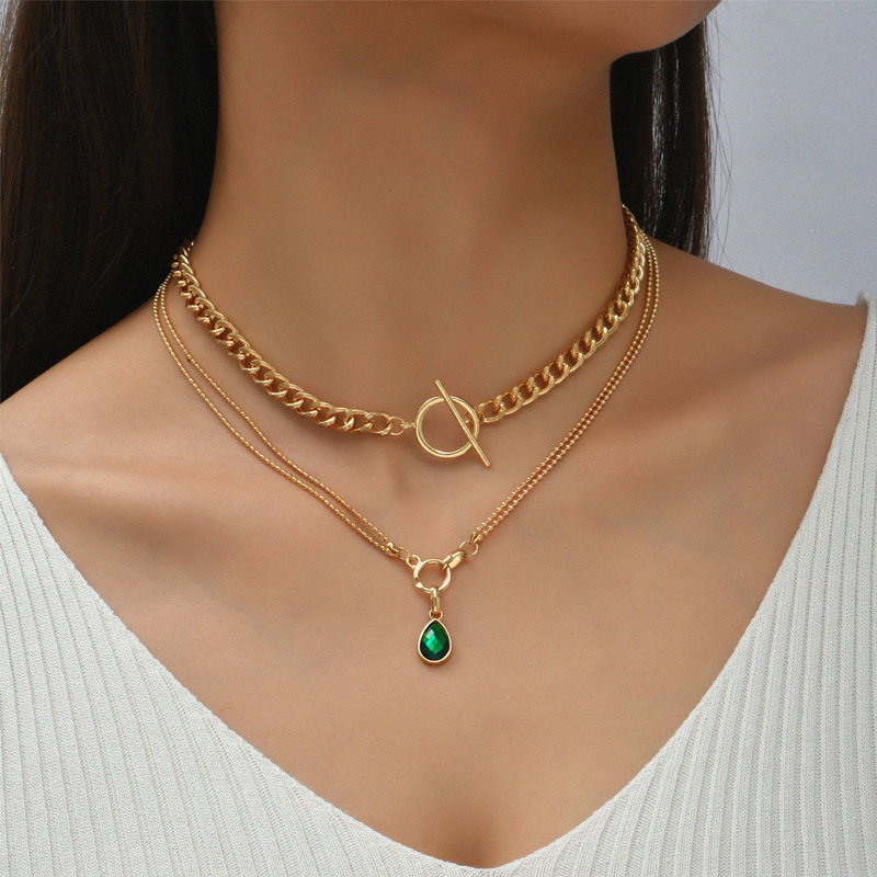 retro style green gemstone two-layer necklace