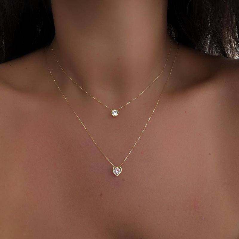 fashion simple round love rhinestone two-layer necklace