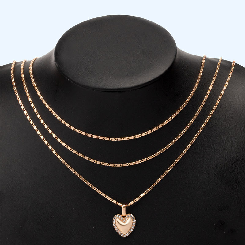 fashion diamond-studded peach heart three-layer necklace