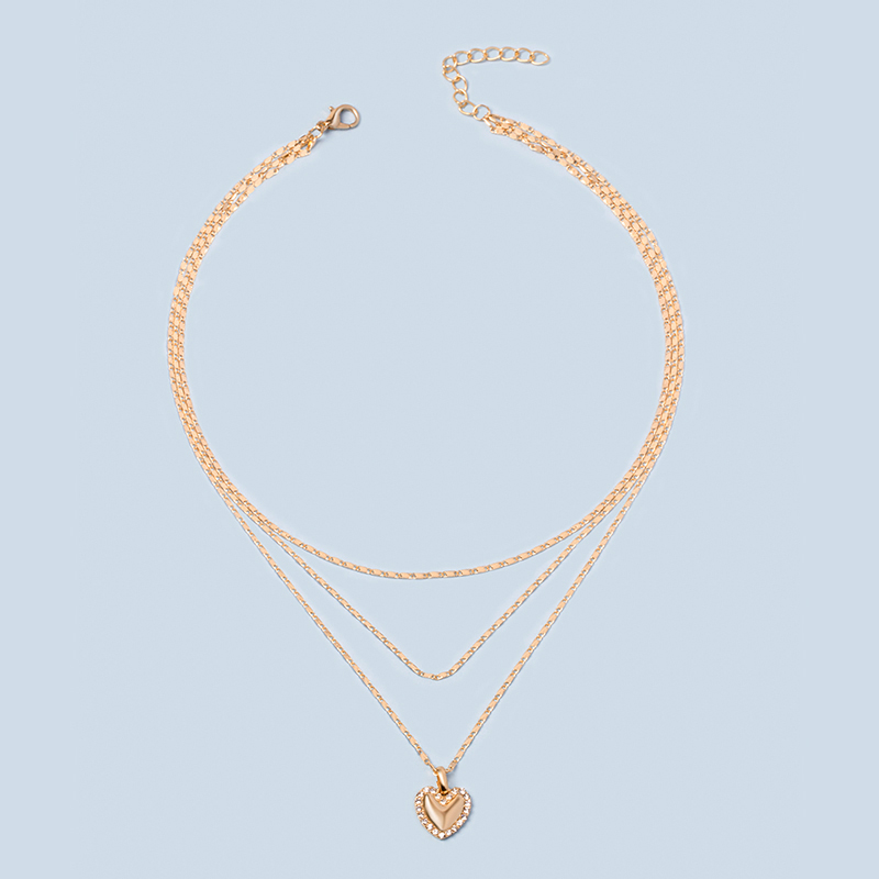 fashion diamond-studded peach heart three-layer necklace