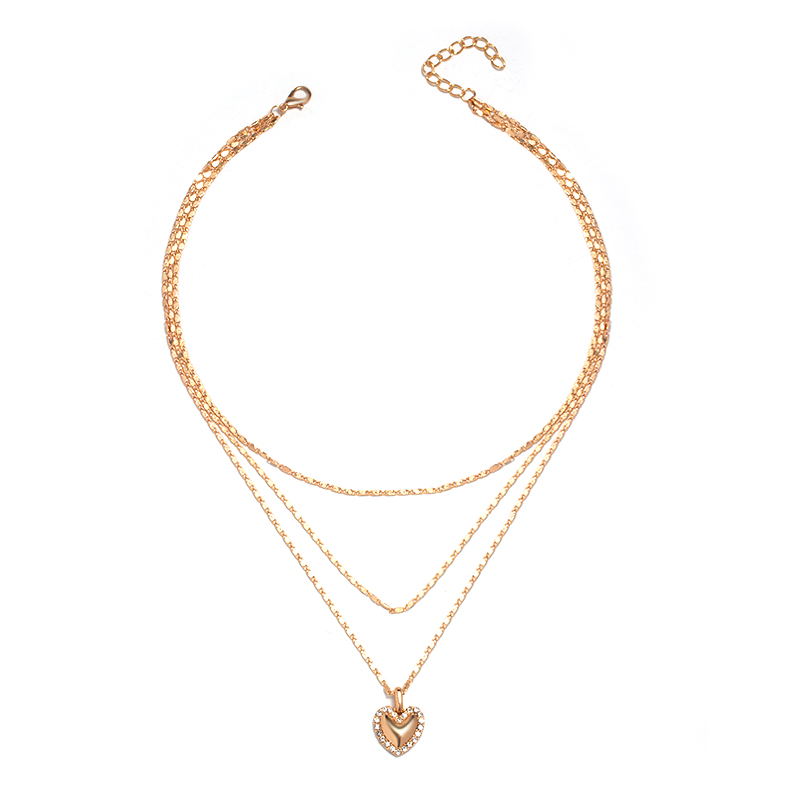 fashion diamond-studded peach heart three-layer necklace