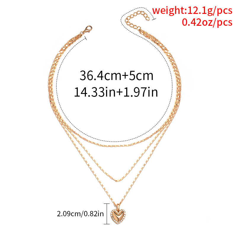 fashion diamond-studded peach heart three-layer necklace