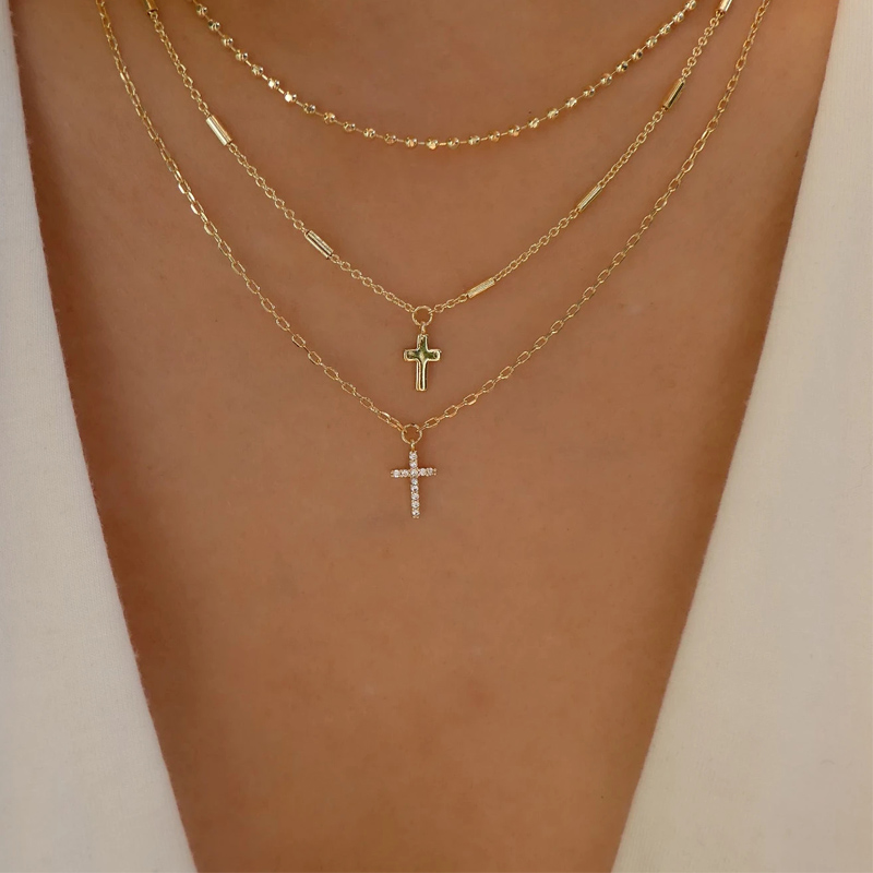 fashion diamond cross three-tiered necklace