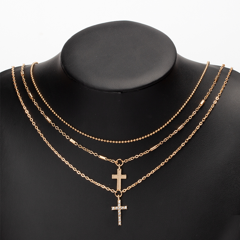 fashion diamond cross three-tiered necklace