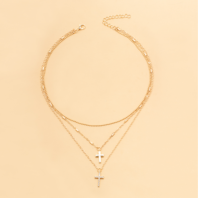 fashion diamond cross three-tiered necklace