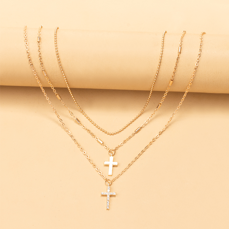 fashion diamond cross three-tiered necklace