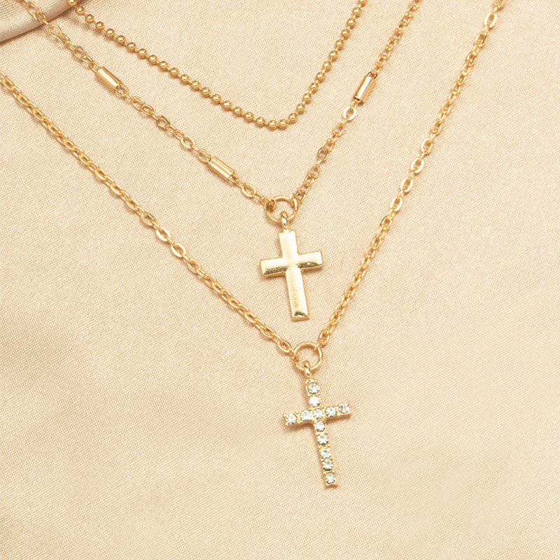 fashion diamond cross three-tiered necklace