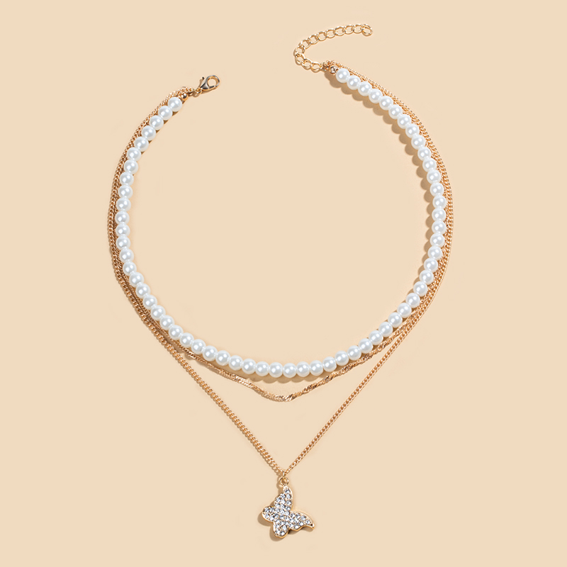 fashion pearl diamond butterfly multi-layer necklaces