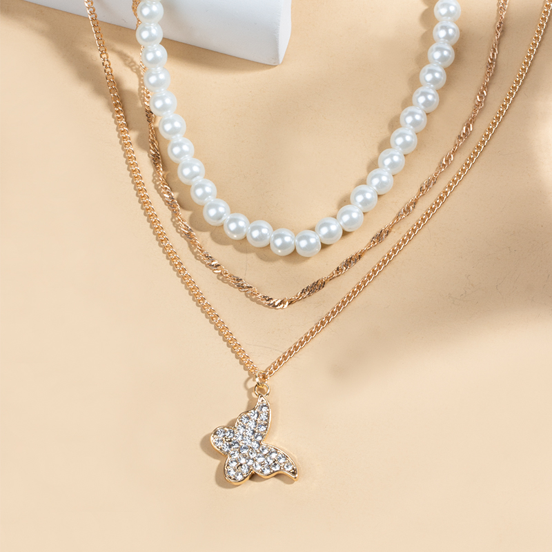 fashion pearl diamond butterfly multi-layer necklaces