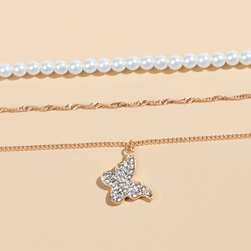 fashion pearl diamond butterfly multi-layer necklaces