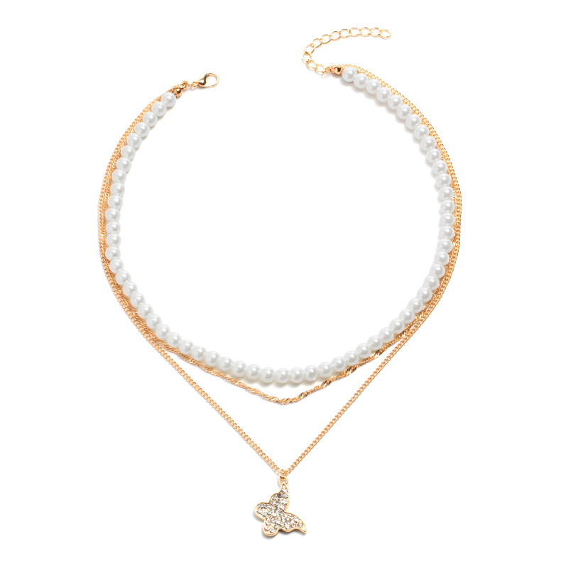 fashion pearl diamond butterfly multi-layer necklaces