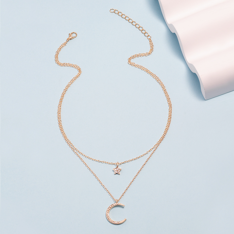 simple diamond-studded star and moon two-layer necklace