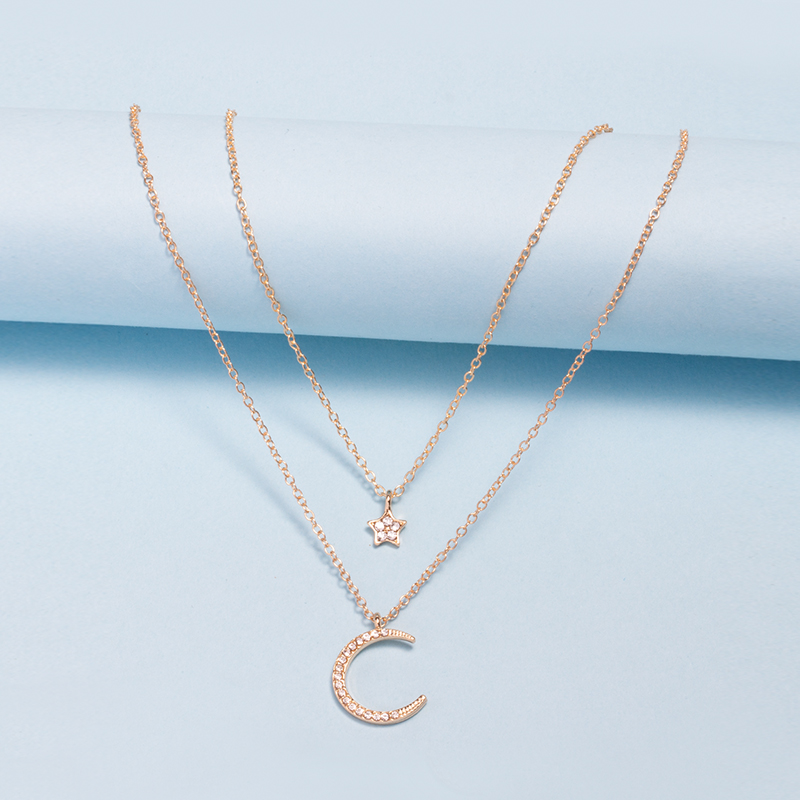 simple diamond-studded star and moon two-layer necklace