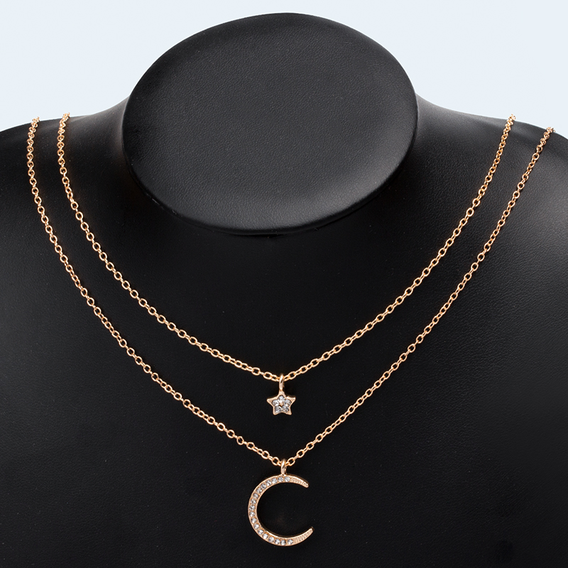 simple diamond-studded star and moon two-layer necklace