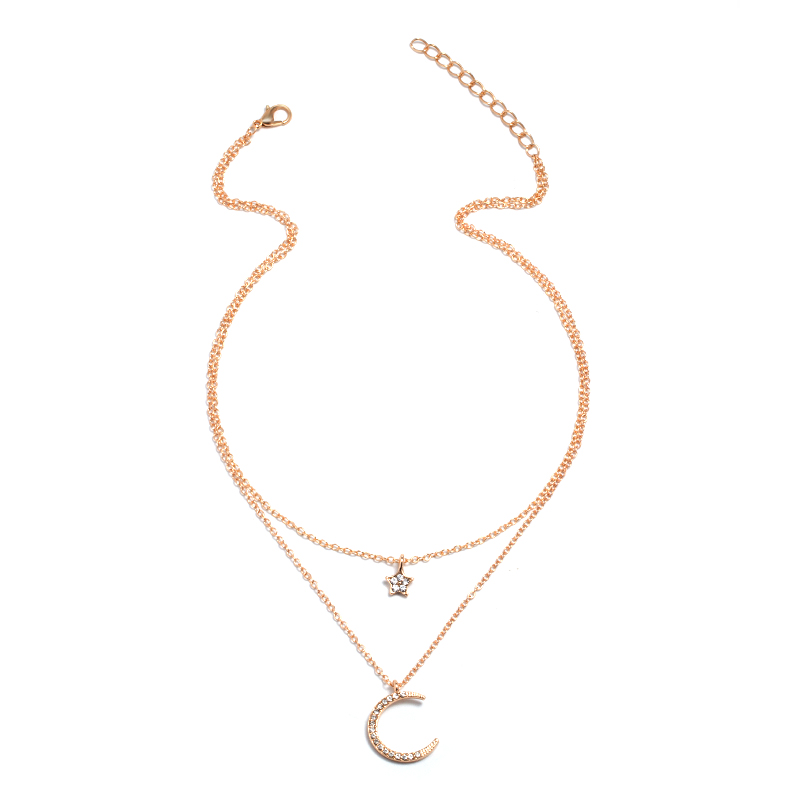 simple diamond-studded star and moon two-layer necklace