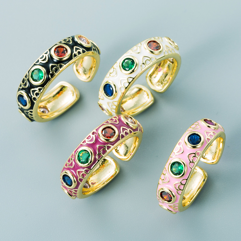 fashion copper plated 18K gold inlaid zircon drip oil ring enamel color craft colorful gem ethnic style ringpicture11
