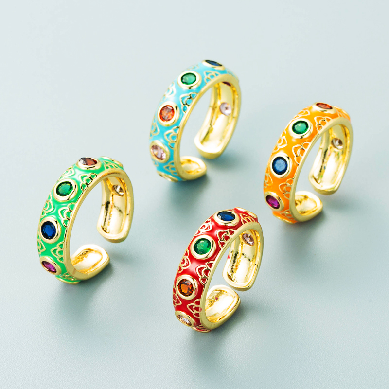 fashion copper plated 18K gold inlaid zircon drip oil ring enamel color craft colorful gem ethnic style ringpicture10