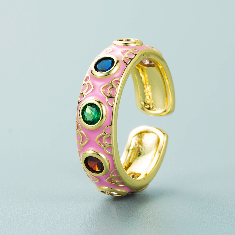 fashion copper plated 18K gold inlaid zircon drip oil ring enamel color craft colorful gem ethnic style ringpicture1